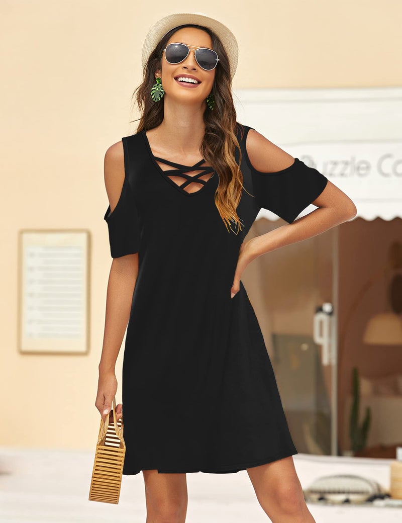Bluetime Women Cold Shoulder Summer Dress Short Sleeve Beach Casual Loose Swing Dress (XXL, Black) - Image 2